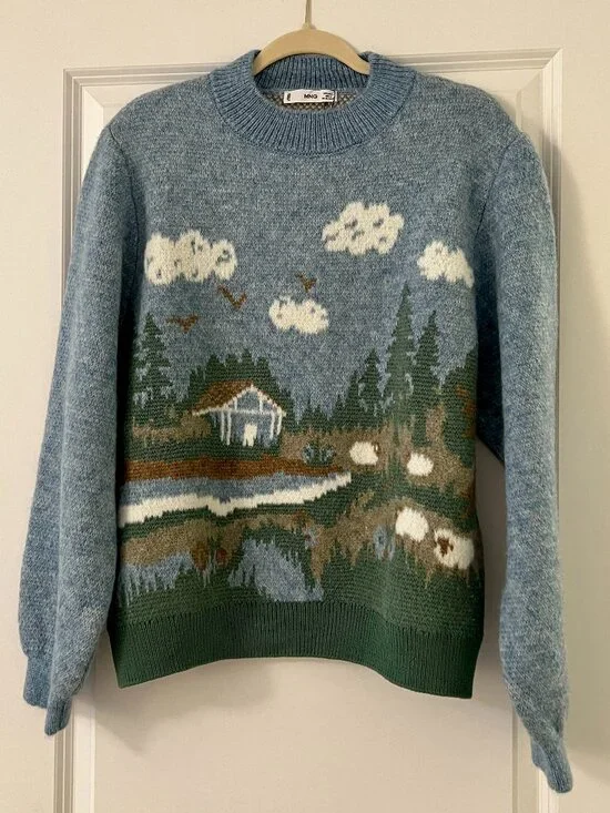 Mango Blue Landscape Sweater, NEW - Picture 1 of 4
